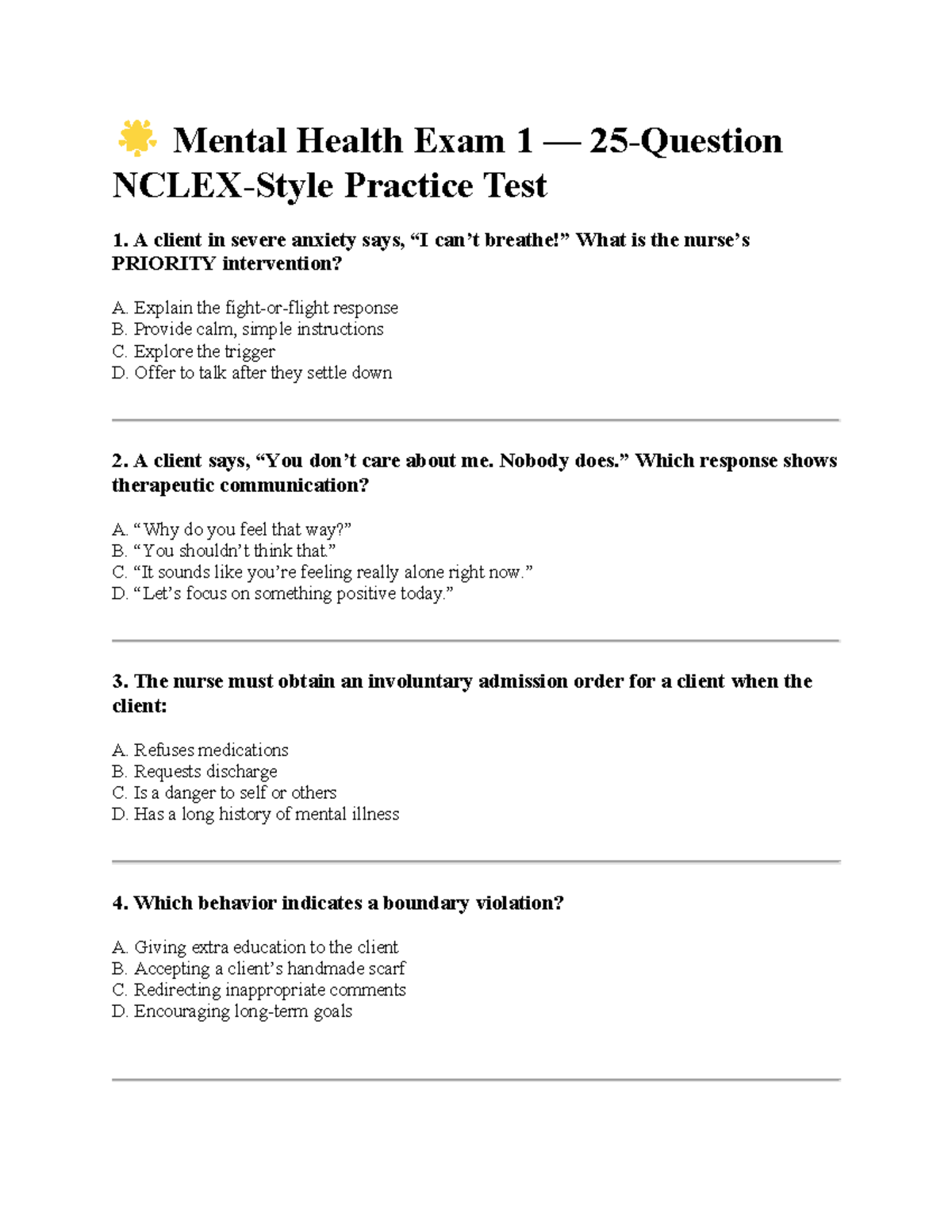 Mental Health Exam 1 - Practice Test Questions and Answers - Studocu