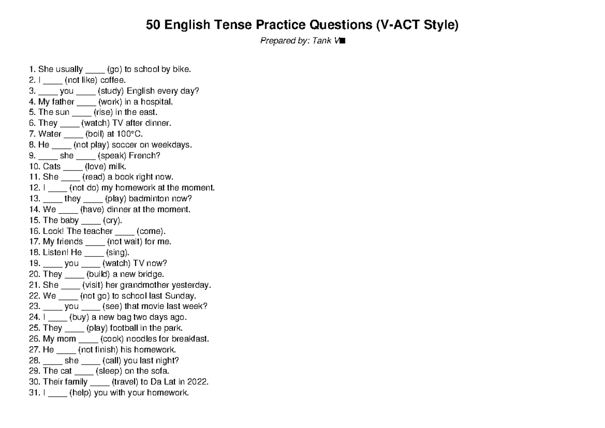 50 English Tense Practice Questions (ENG101) with Answers - Studocu