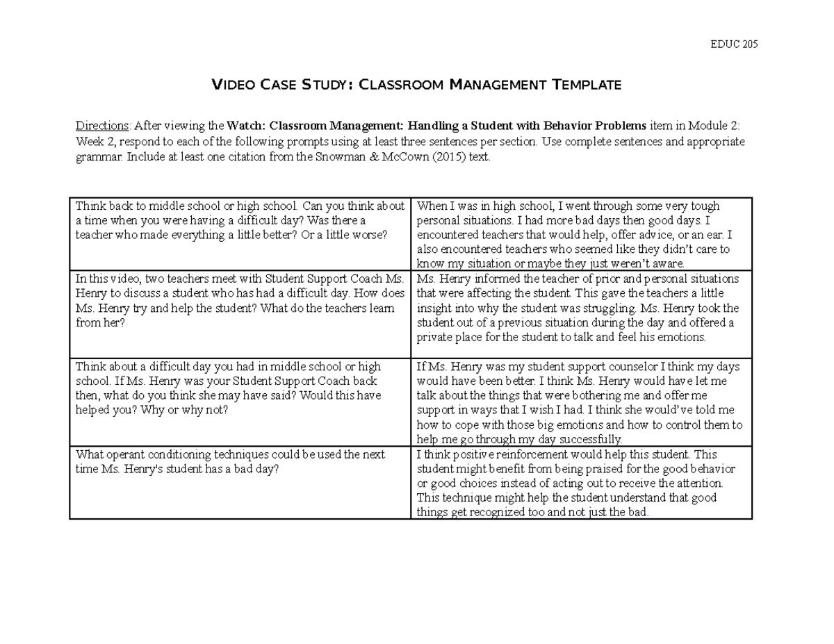 EDUC 205 Video Case Study: Classroom Management Insights and Analysis ...