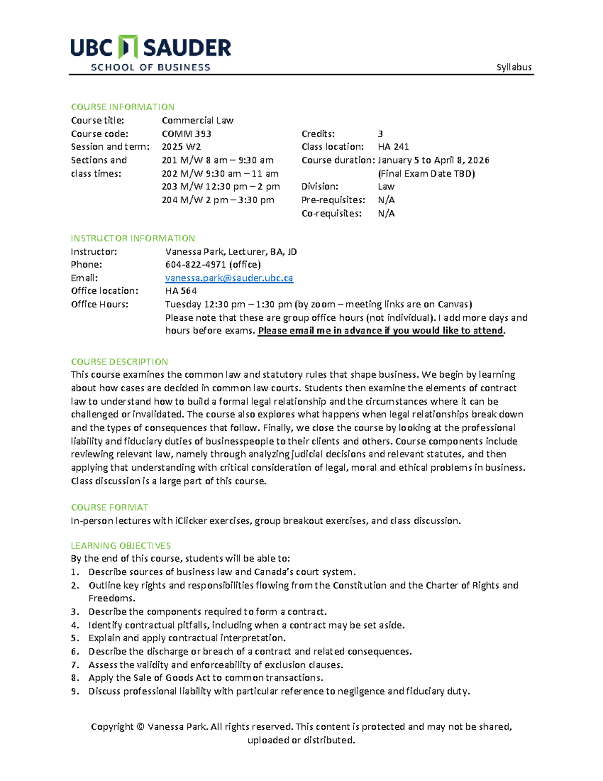 COMM 393: Commercial Law Syllabus for 2025 W2 Session - Studocu