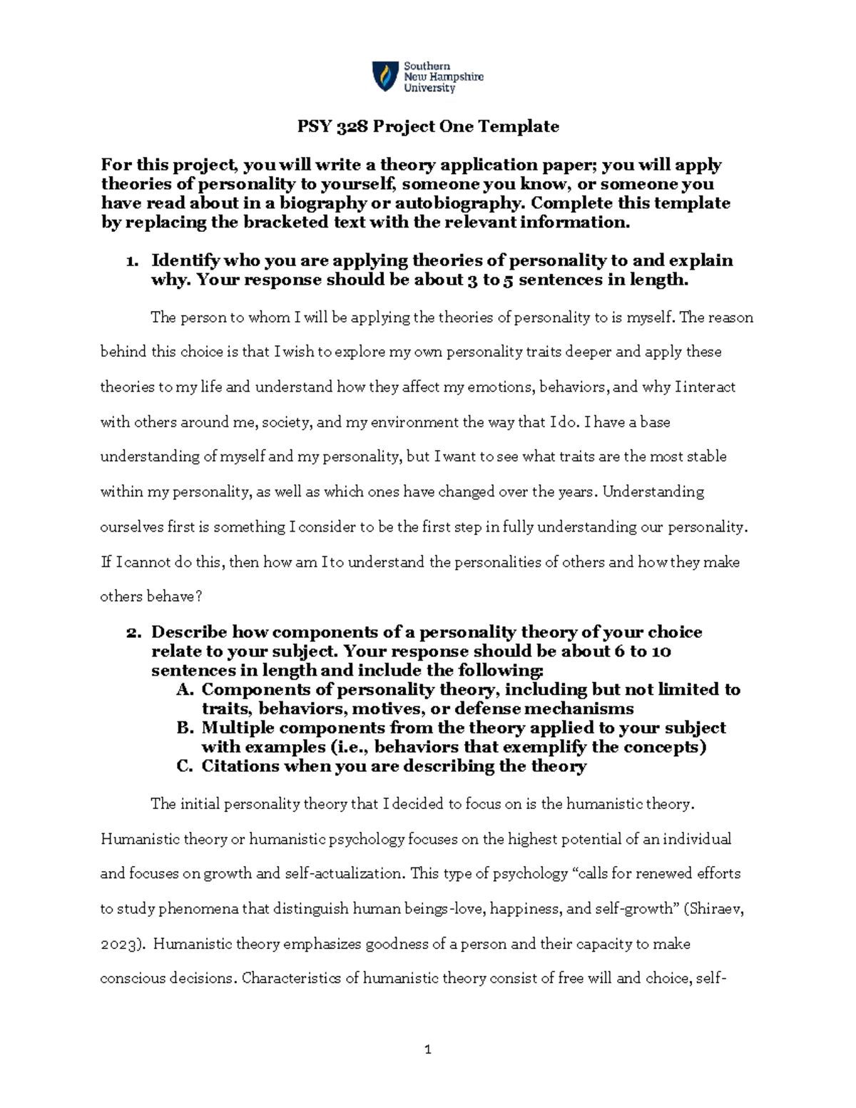 PSY 328 Project One: Applying Personality Theories to Self - Studocu
