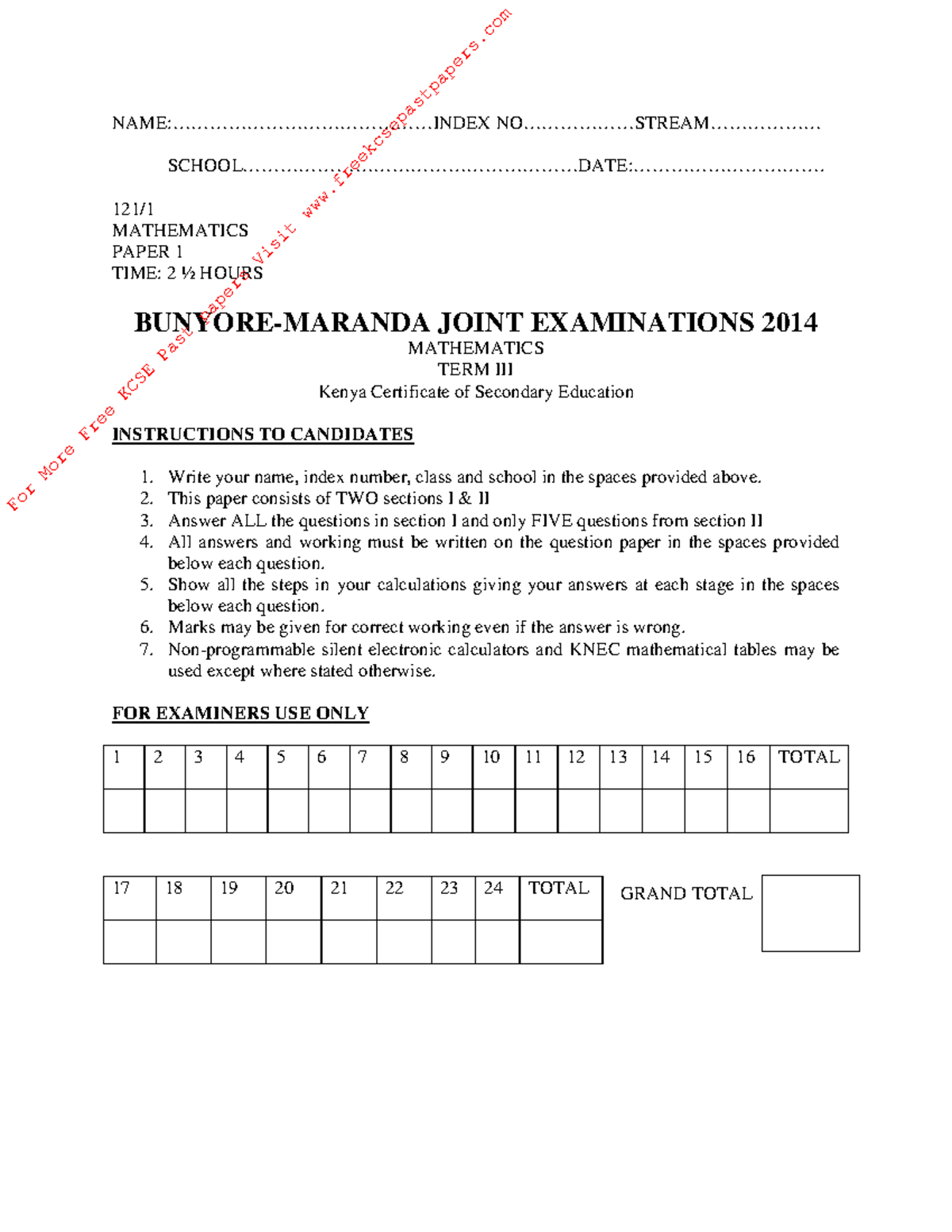 2014 KCSE Maranda Mock Mathematics Paper 1 Exam Notes - Studocu