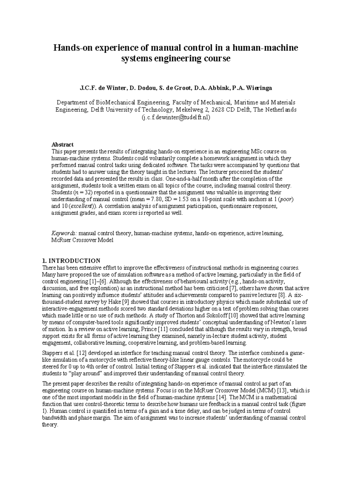 Manual Control in Human-Machine Systems: Hands-On Practicum Insights ...