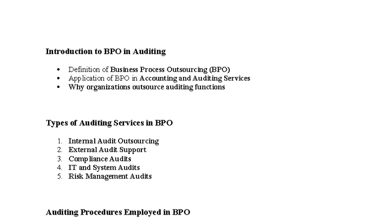 BPO in Auditing: Definition, Applications, and Procedures Notes - Studocu