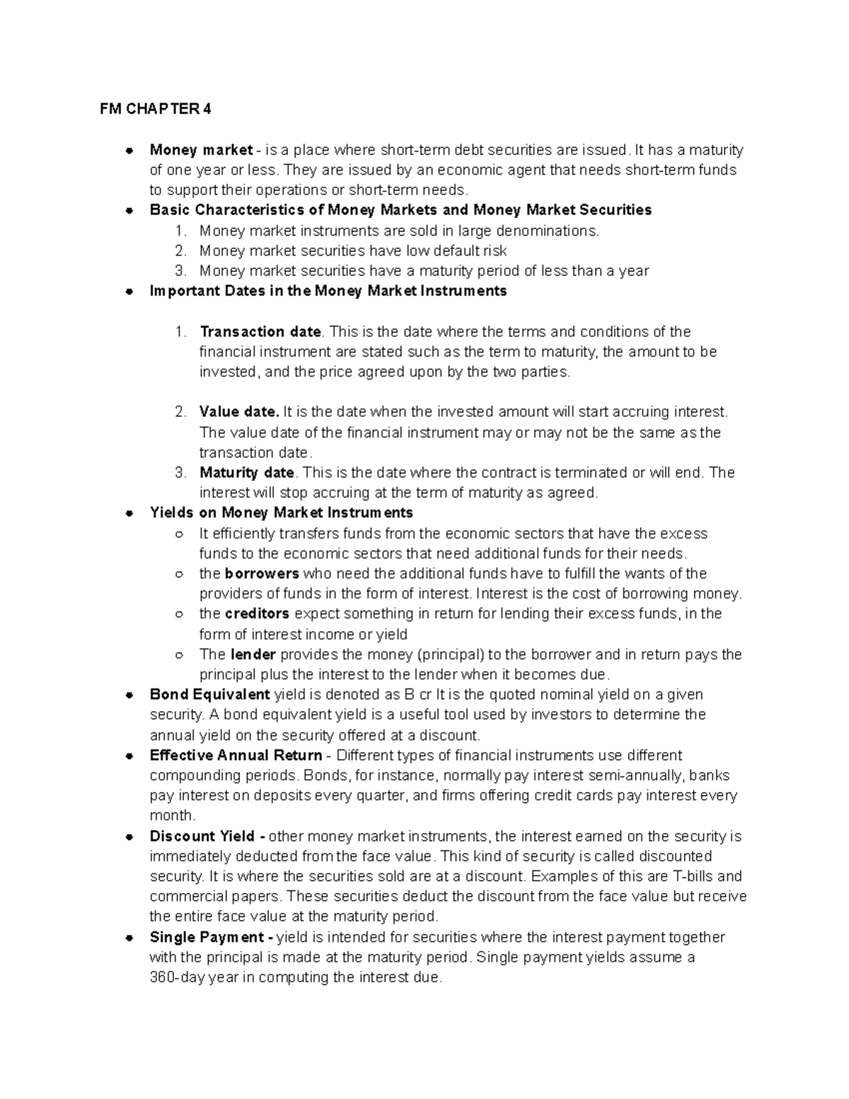 FM CHAPTER 4: Overview of Money Markets and Securities - Reviewer - Studocu