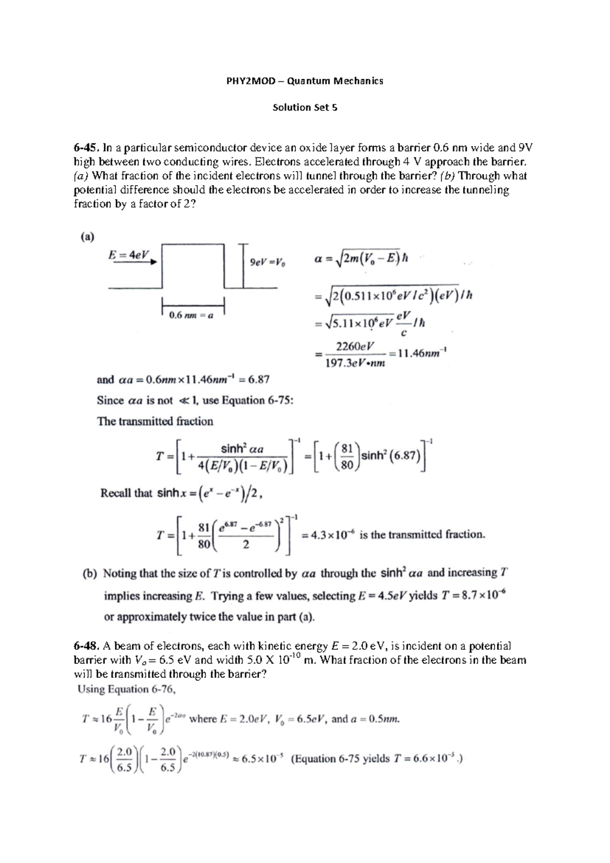 Phy2Mod Tute Solutions 5 - PHY2MOD Quantum Mechanics Solution Set 5 In ...