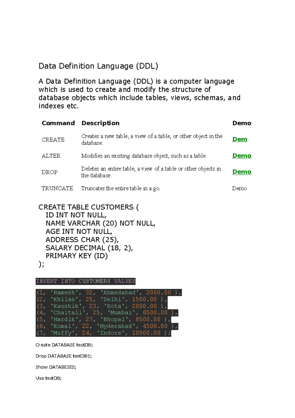 Data Definition Language (DDL) Overview and Commands Guide - Studocu