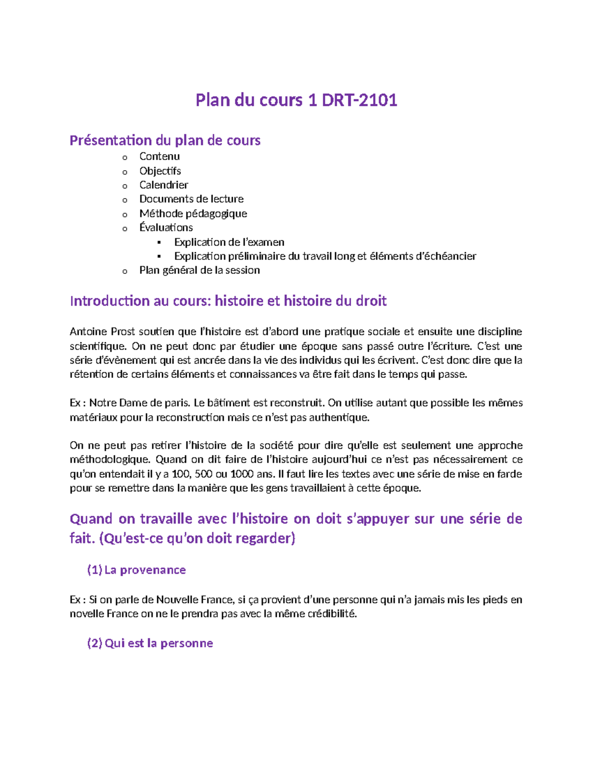 DRT-2101 Plan de Cours 1: Introduction à l'Histoire du Droit - Studocu