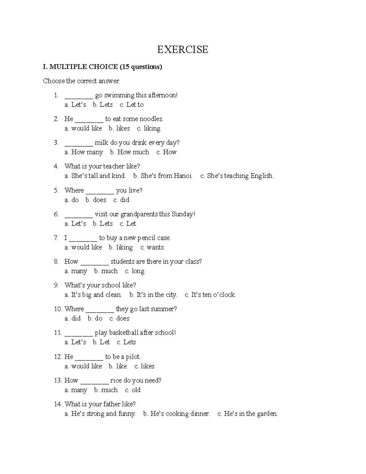 EXERCISE I: MCQs & Sentence Completion Practice (Common Structure ...