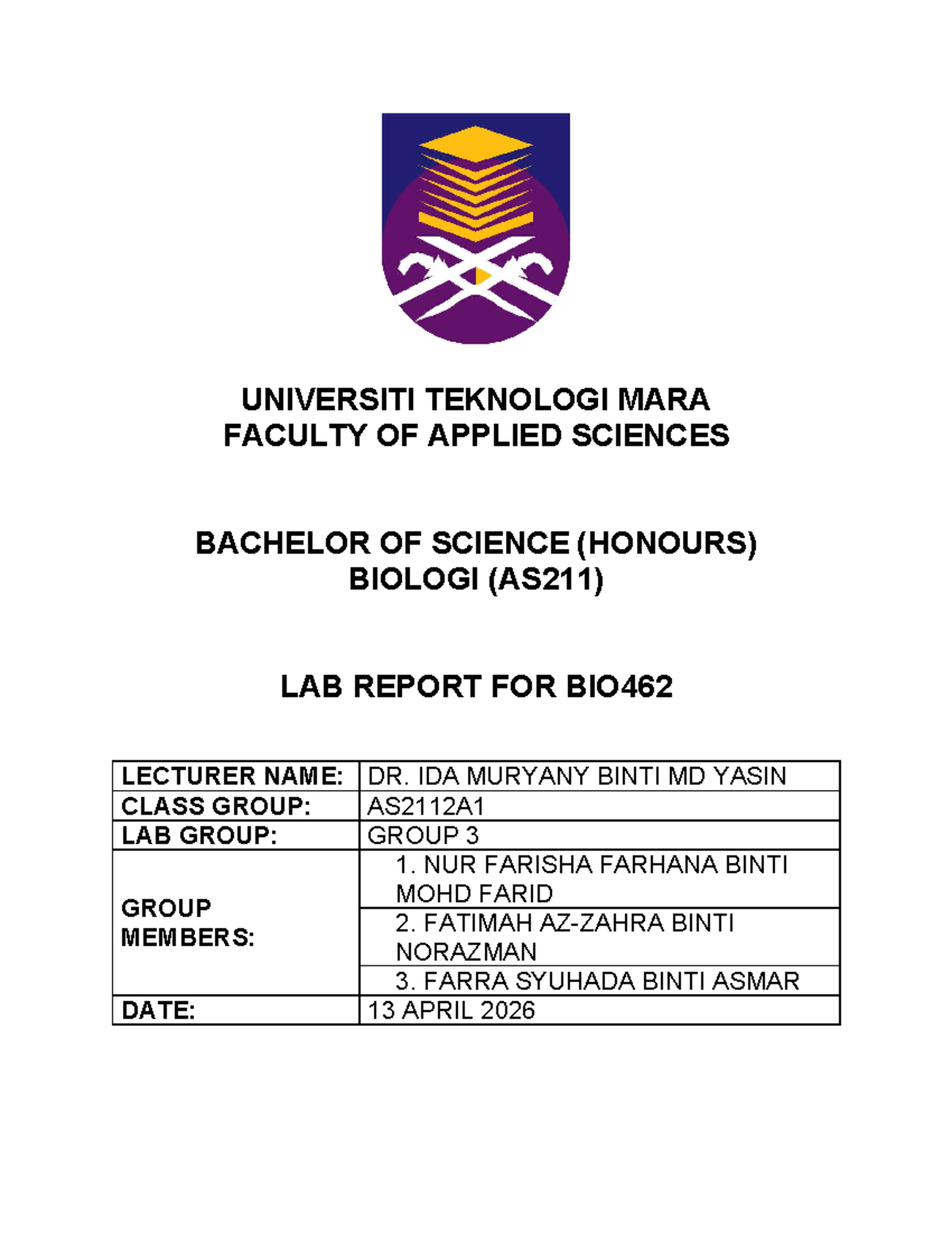 BIO462 - Lab Report for Experiment 8 (AS211) - Studocu