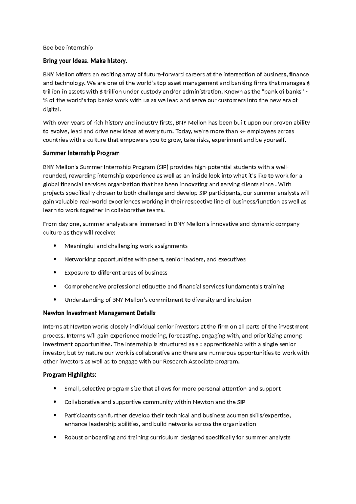 BNY Mellon Summer Internship Program Overview and Insights - Studocu