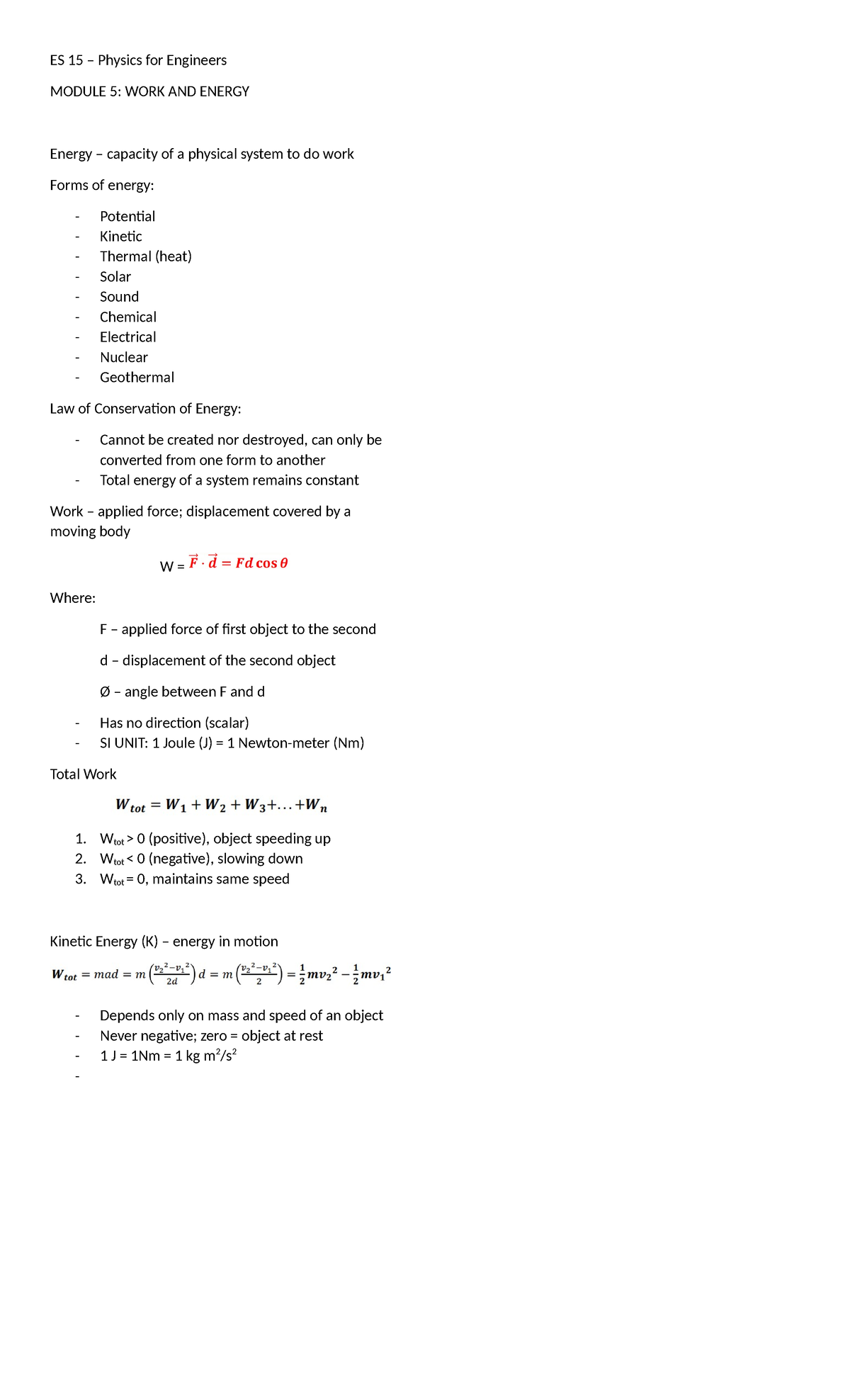 ES 15 Module 5 Notes: Work and Energy Concepts in Physics - Studocu