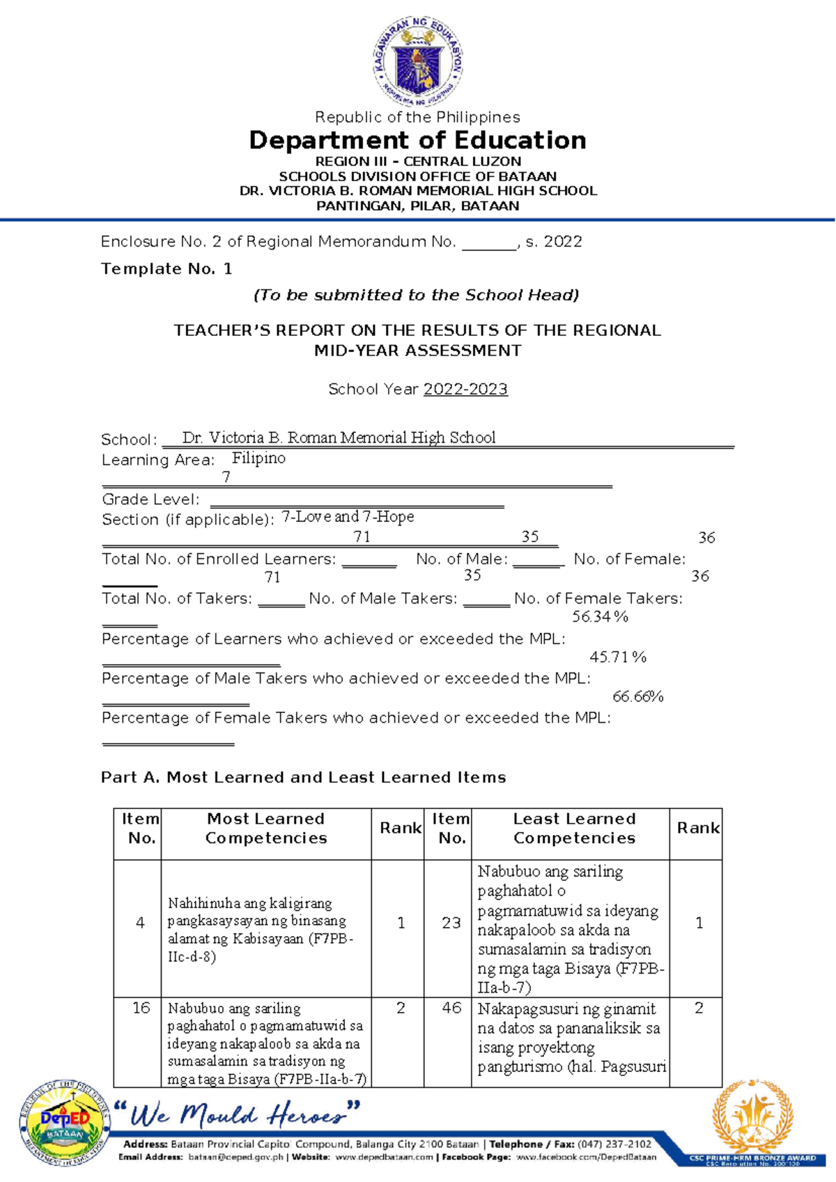 RAT Filipino 7 - Regional Assessment Results Report - Studocu