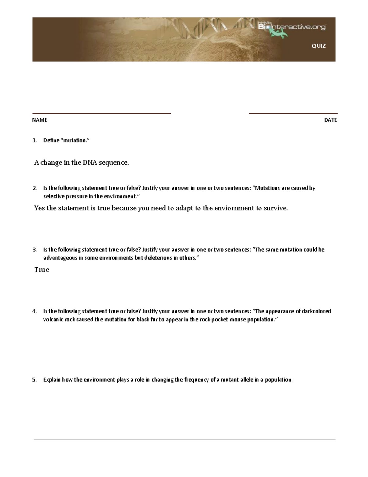 QUIZ: The Making of the Fittest - Natural Selection & Adaptation (HHMI ...
