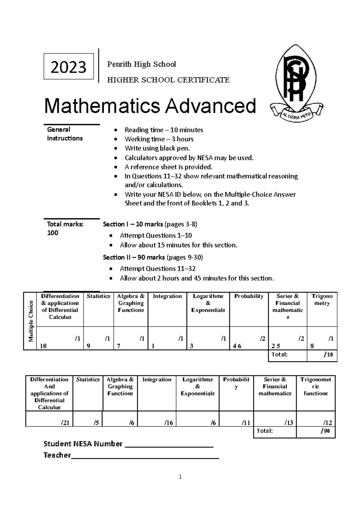 Mathematics Advanced 2023 HSC Trial Exam Paper (Penrith High School ...