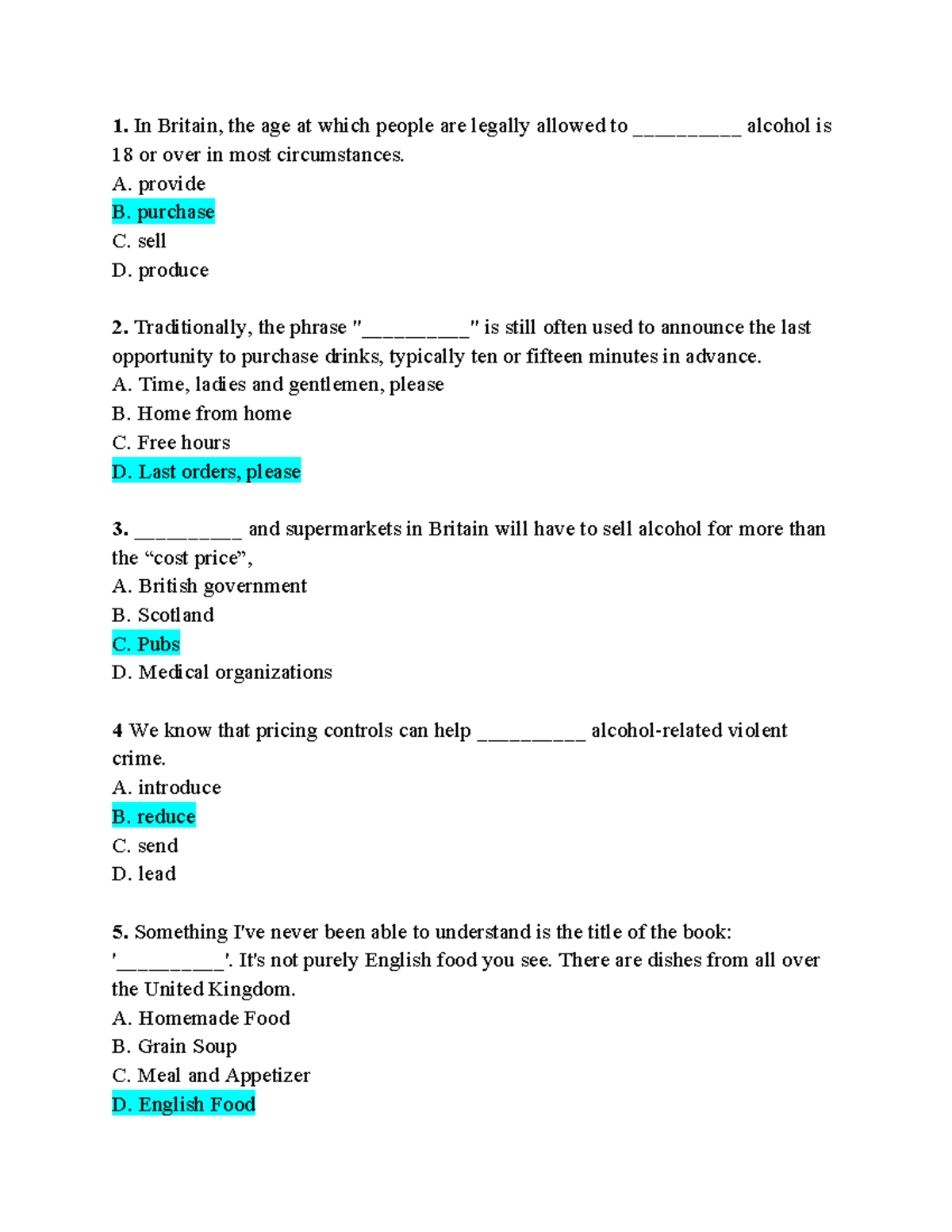 Final Test Review: FOOD - Drink Practice for Course Code 1 - Studocu