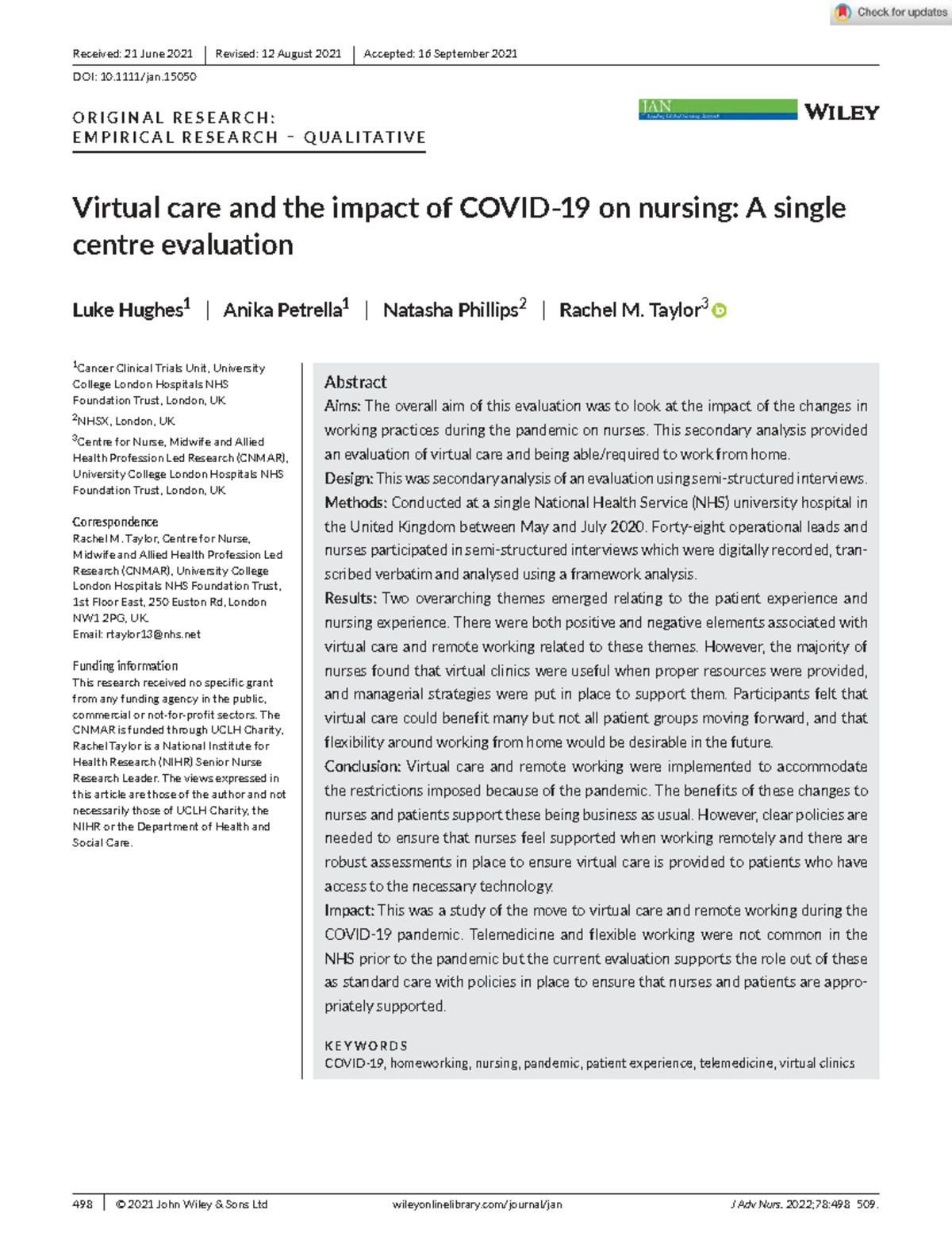 Virtual Care & COVID-19's Impact on Nursing: A Single Centre Evaluation ...