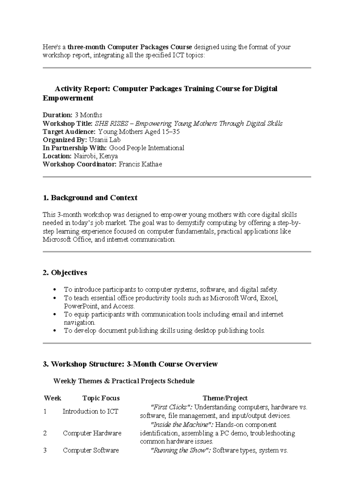 Activity Report: Computer Packages Training Course (ICT) for Young ...