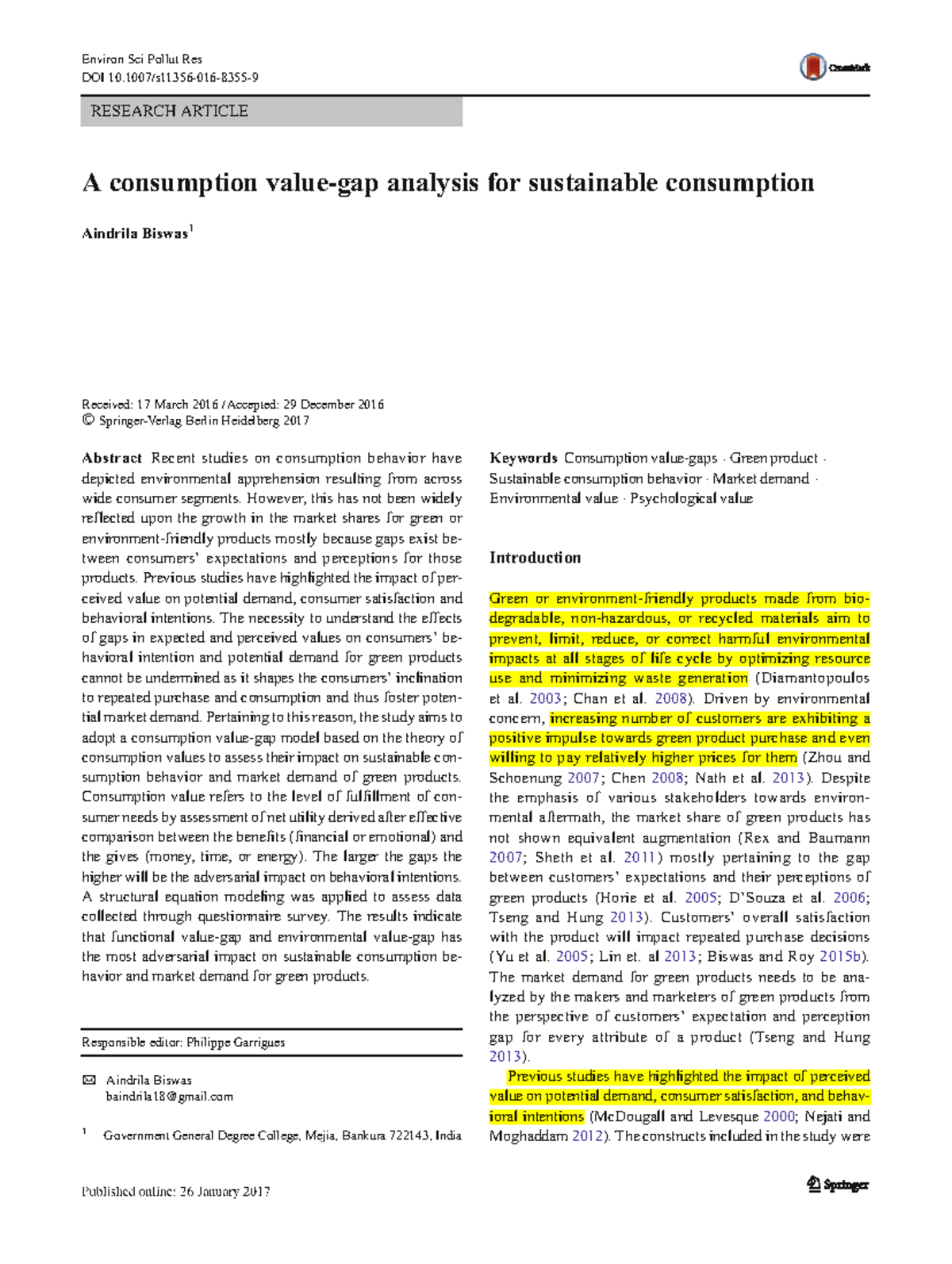 Biswas 2017 Environ Sci Pollut Res DOI 10/s1135601683559 RESEARCH — free download