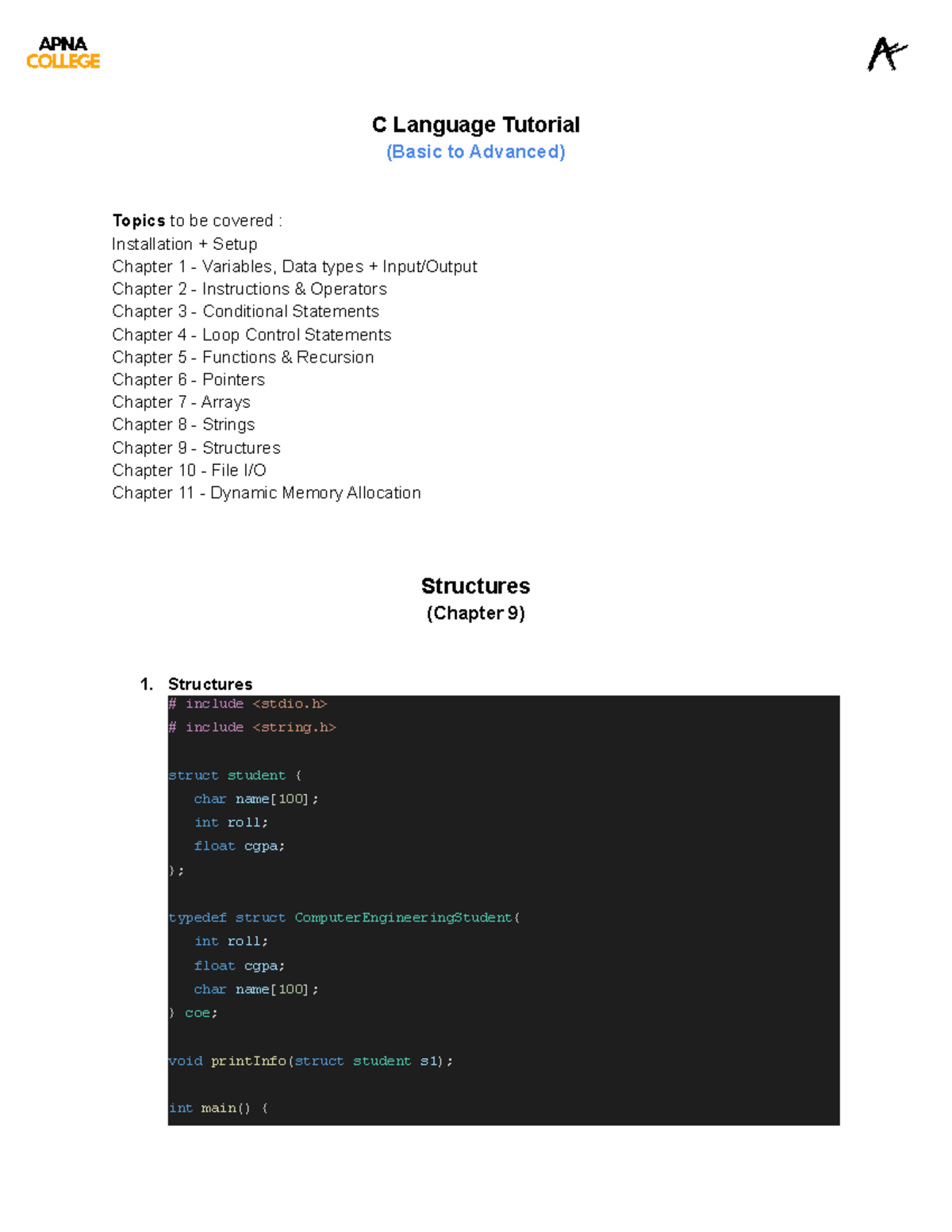 C Language Tutorial: Chapter 9 - Structures & Code Practice - Studocu