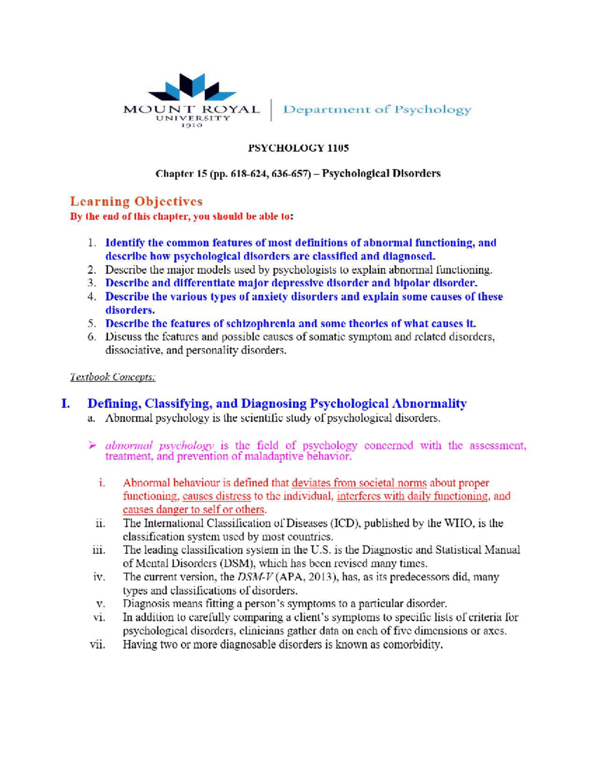 PSYCHOLOGY 1105 - Chapter 15: Psychological Disorders - Studocu