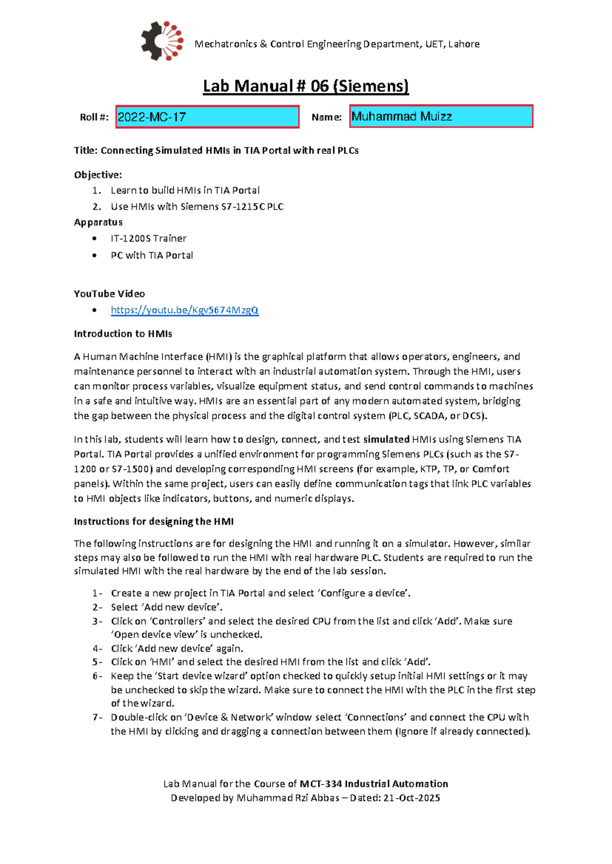 Lab Manual 06: Connecting Simulated HMIs with Real PLCs in TIA Portal ...