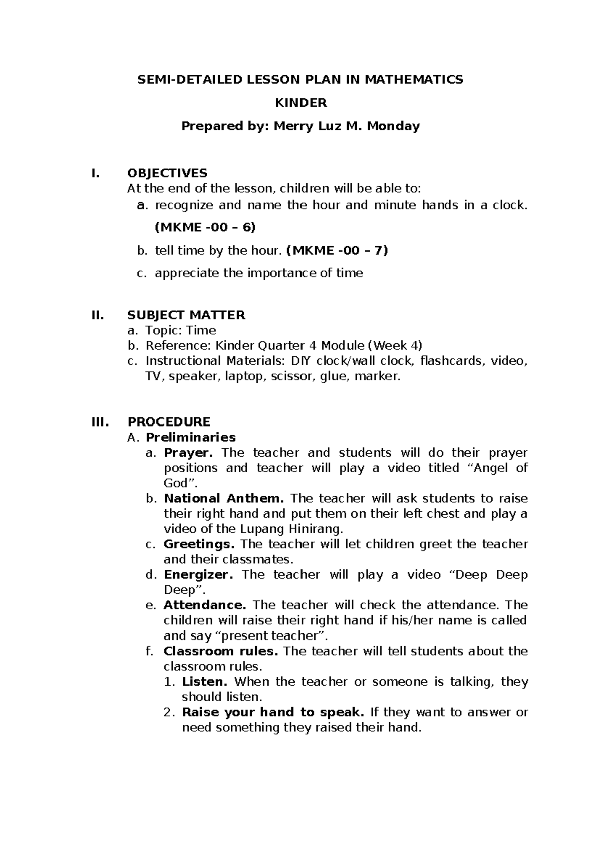 SEMI1 - Semi-Detailed Lesson Plan on Time for Kinder (Mathematics ...