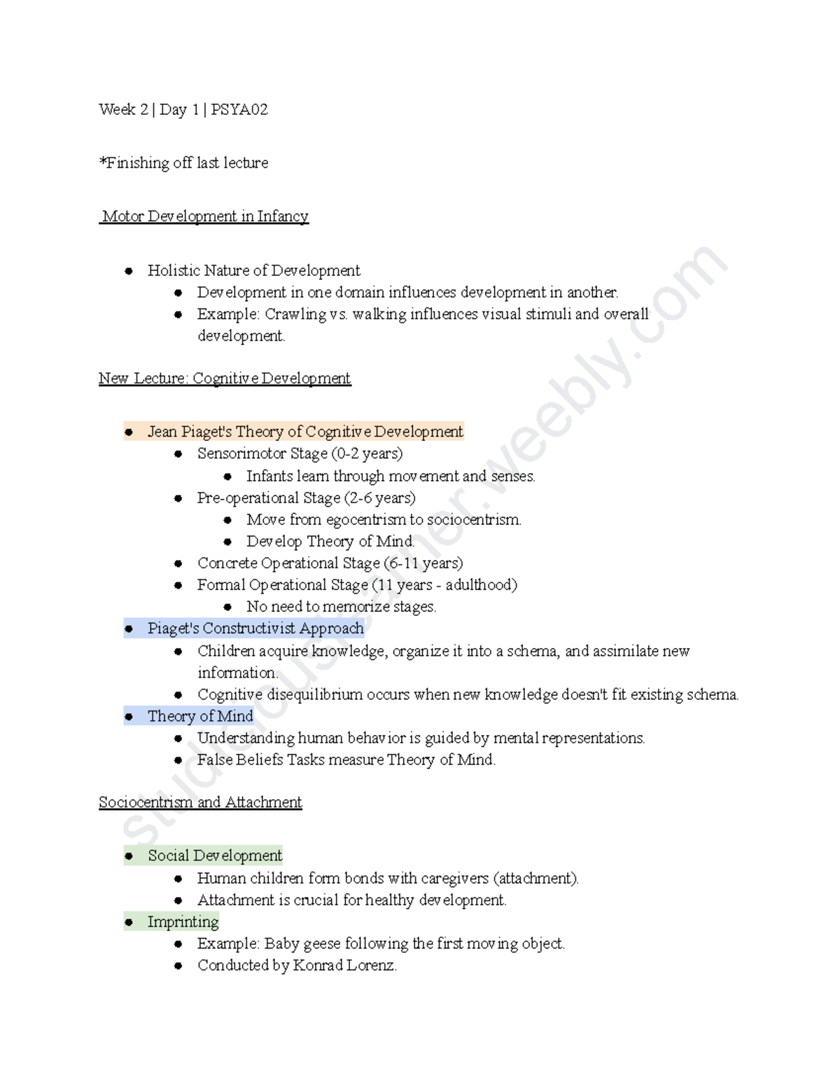 Week 2 | Day 1 Lecture Notes | PSYA02: Motor & Cognitive Development ...