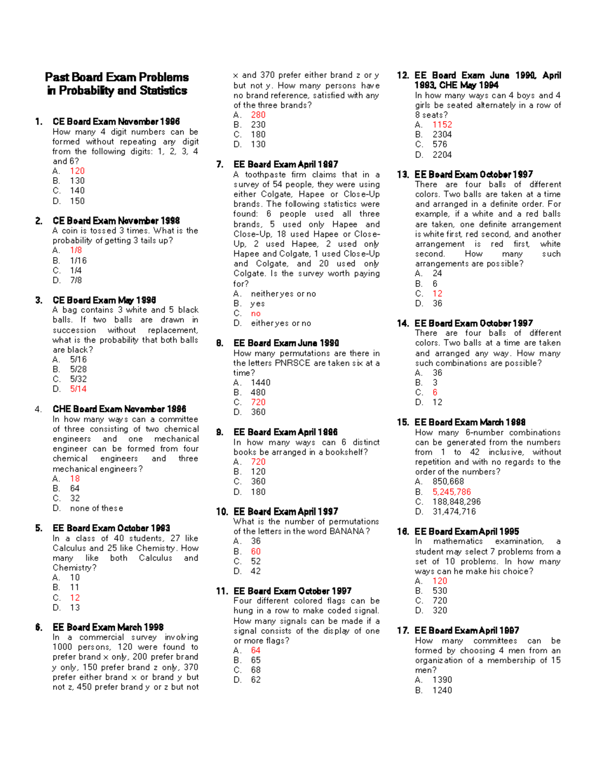 Past Board Exam Problems in Probability & Statistics (CE, EE, ECE, ME ...