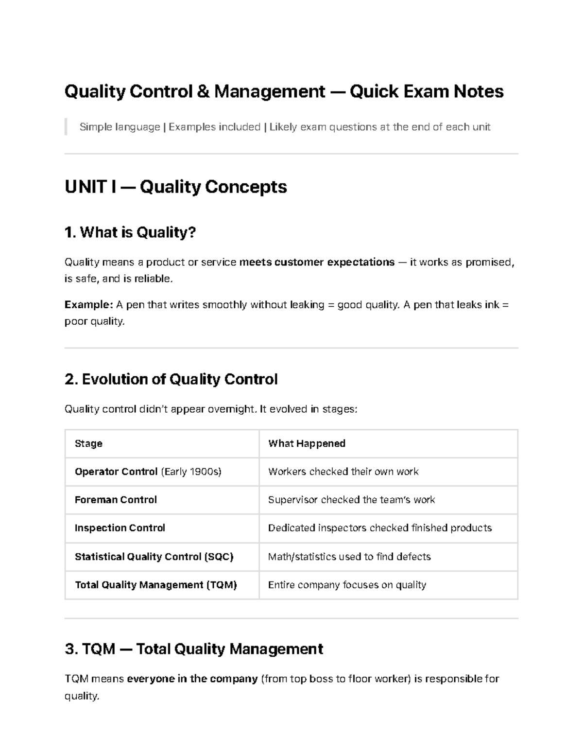 QCM 101: Quality Control Management Quick Exam Notes - Studocu