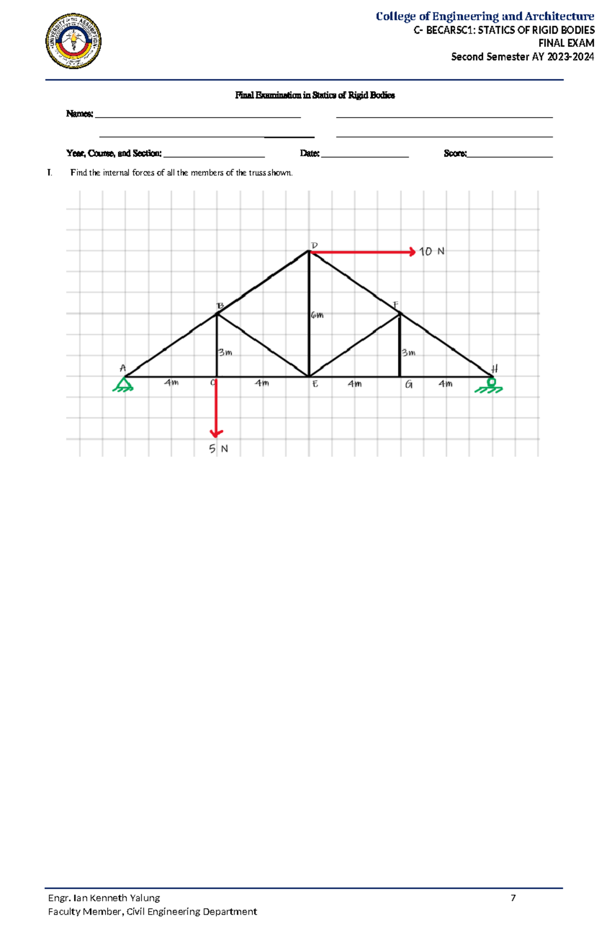 Finals in Statics Set 7 - Engineering Mechanics - College of ...