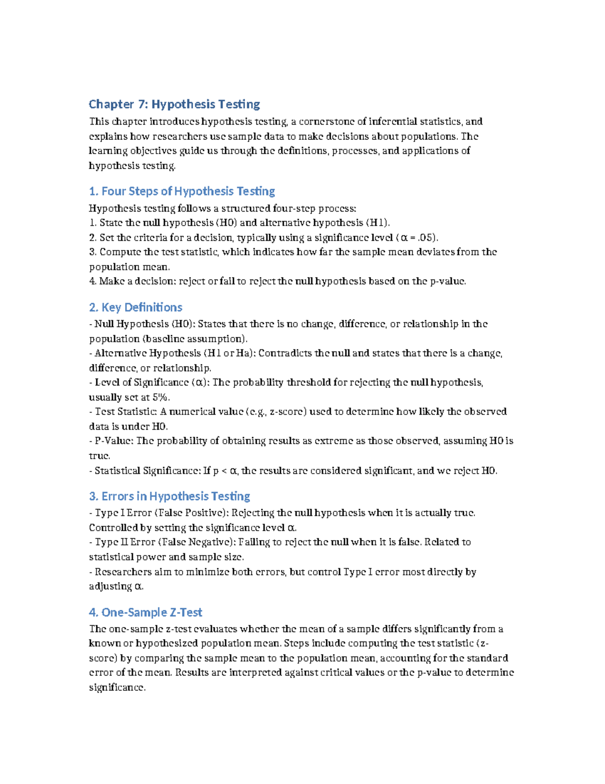 Chapter 7: Hypothesis Testing & One-Sample Z-Test Overview - Studocu