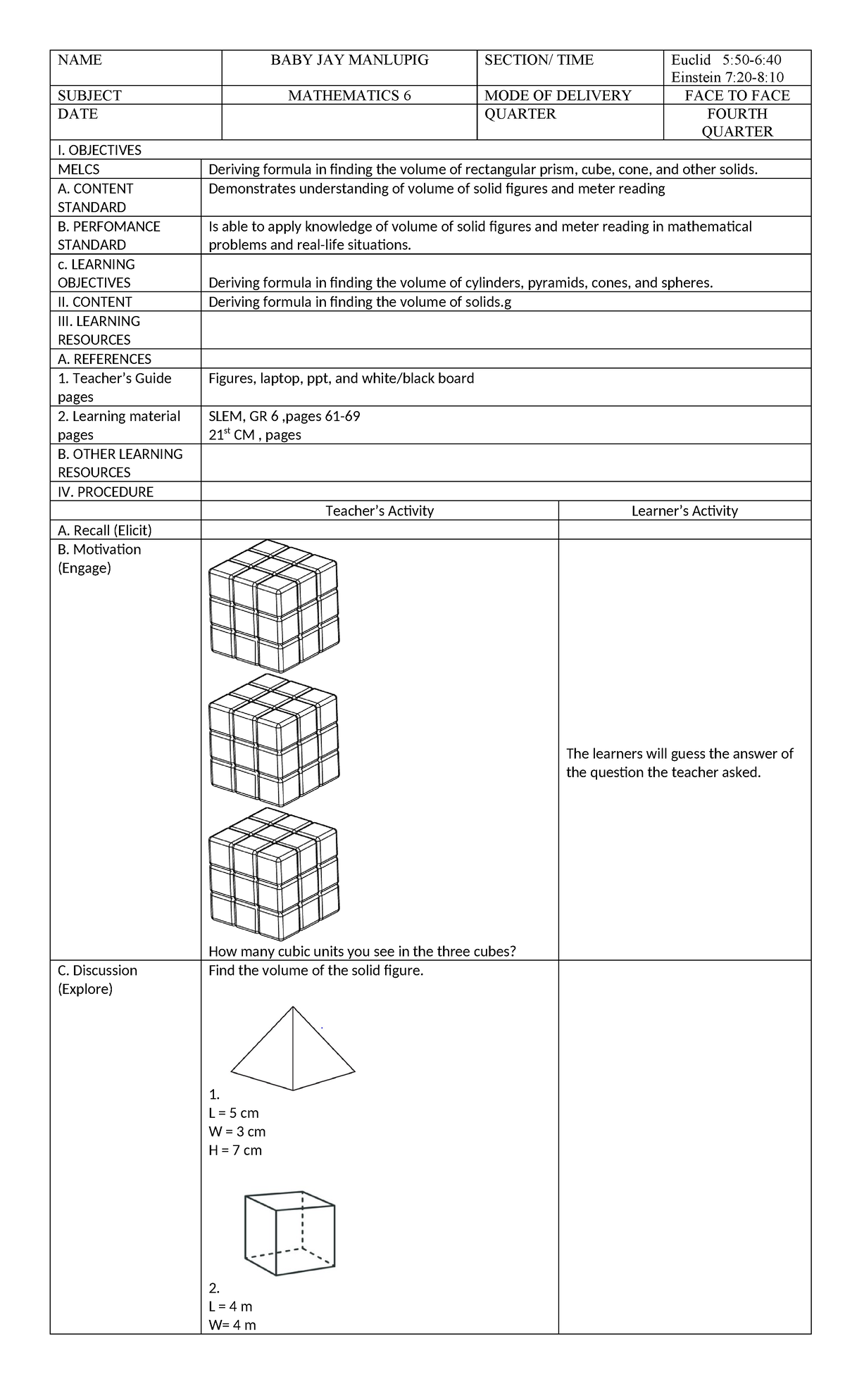Mathematics 6: Volume Formulas and Problem Solving Guide - Studocu