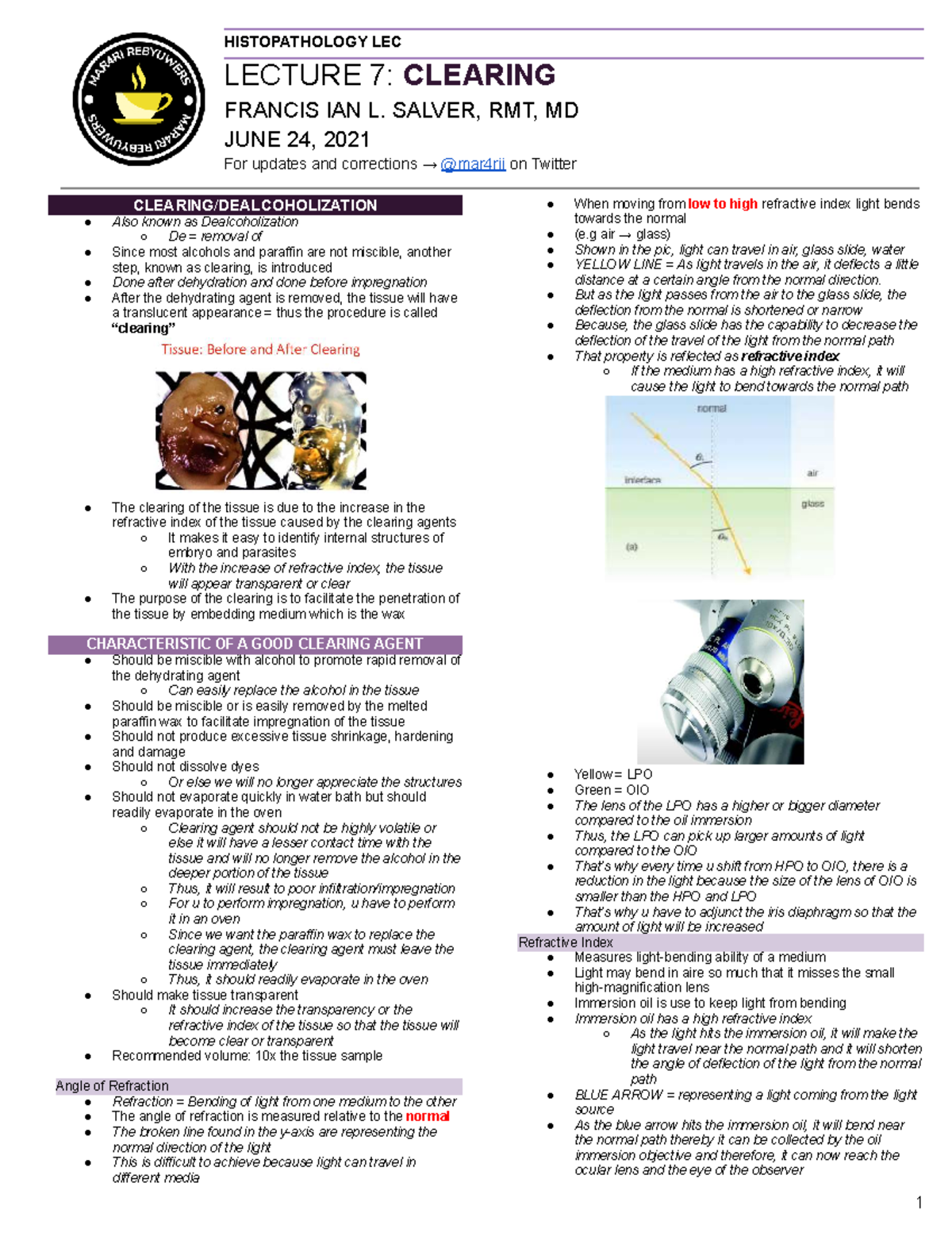 HISTOPATHOLOGY LEC LECTURE 7: CLEARING AGENTS AND TECHNIQUES - Studocu
