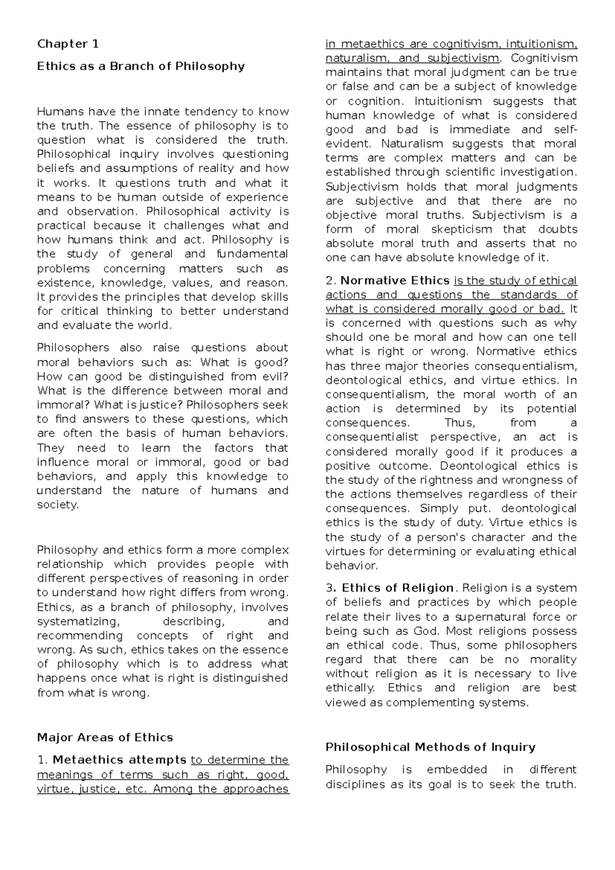 Chapter 1- Ethics - None - Chapter 1 Ethics as a Branch of Philosophy ...