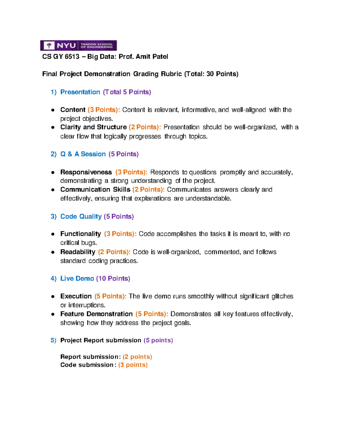 Final Project Grading Rubric - CS GY 6513 – Big Data: Prof. Amit Patel ...