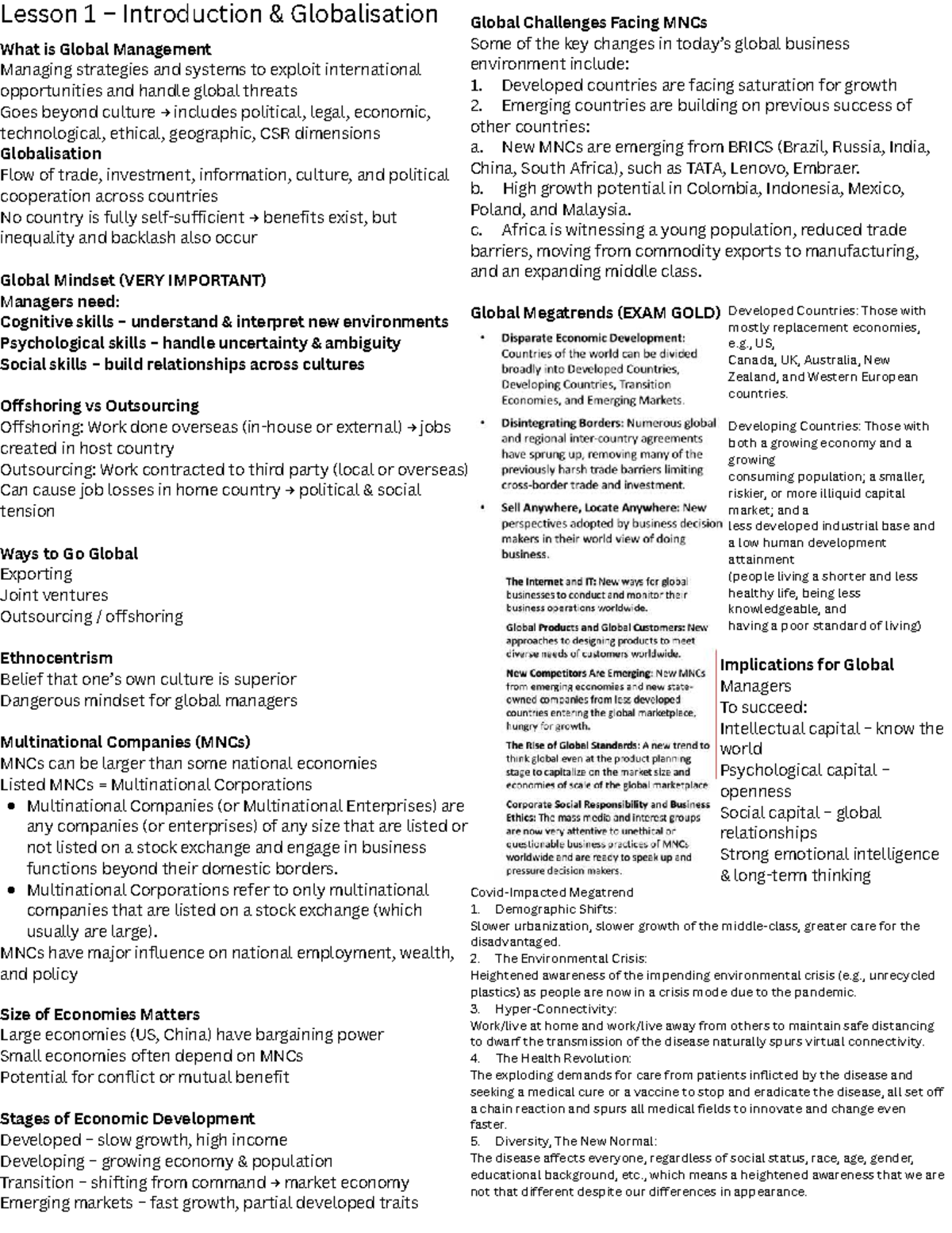 MNO3716 Lesson 1 & 2: Global Management Strategies and Challenges - Studocu