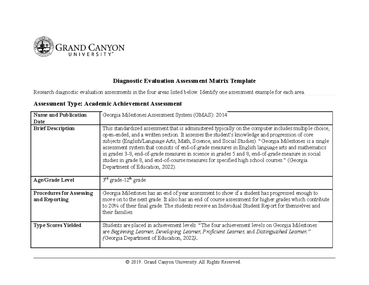 Diagnostic Evaluation Assessment Matrix for Educational Assessment ...
