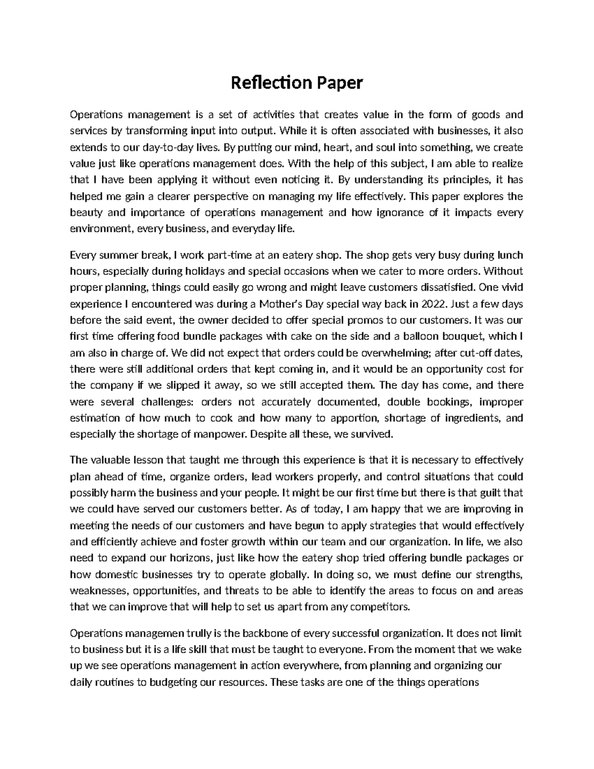 Reflection Paper on Operations Management: Lessons from Real-Life ...