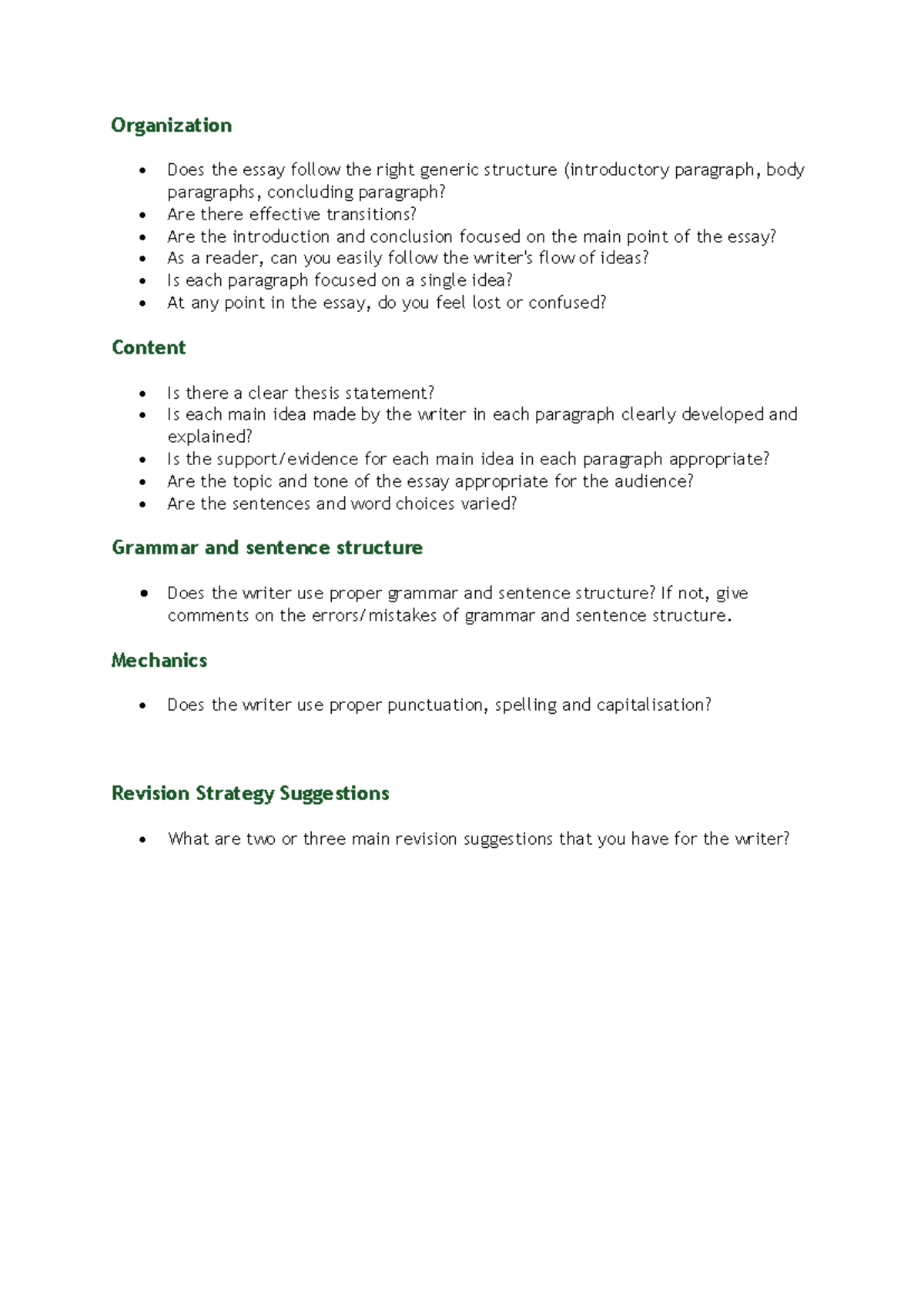 Essay Peer Feedback Guidelines: Structure, Content, and Mechanics - Studocu