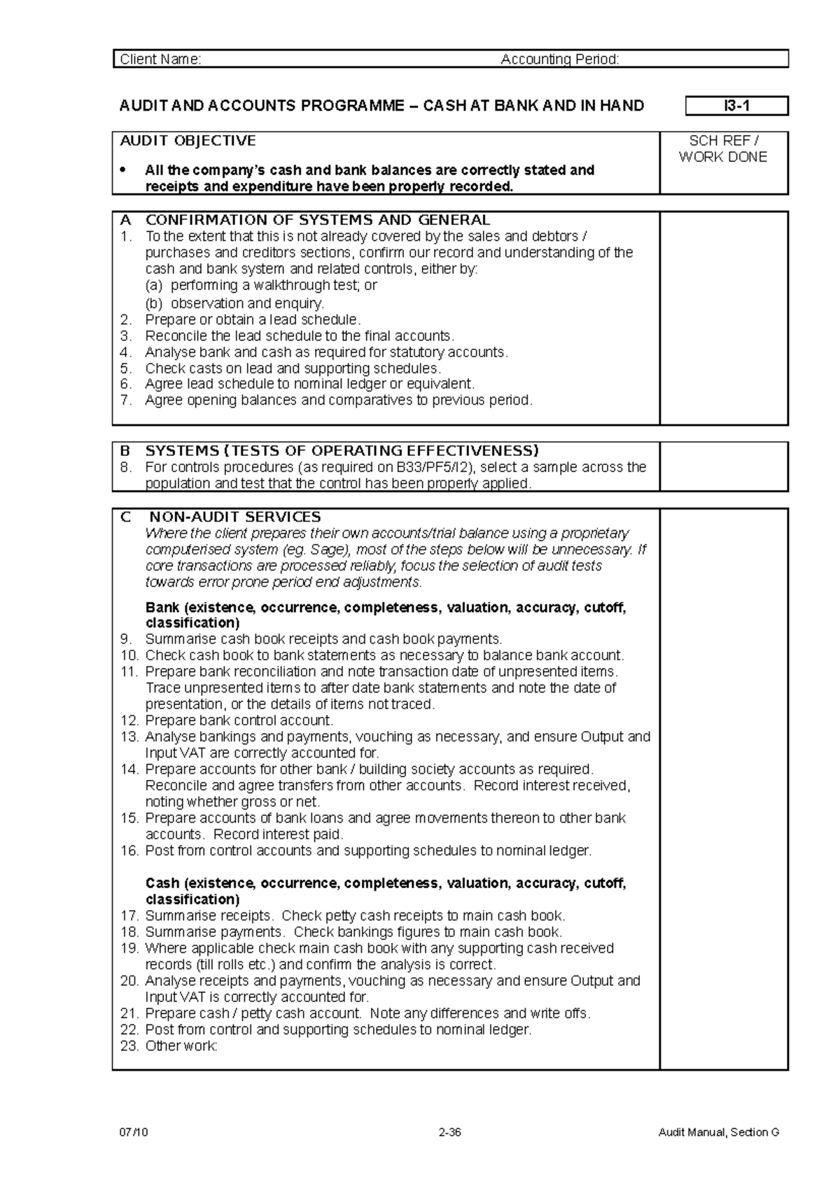 I - Cash and bank - Cash and Bank Audit - AUDIT AND ACCOUNTS PROGRAMME ...