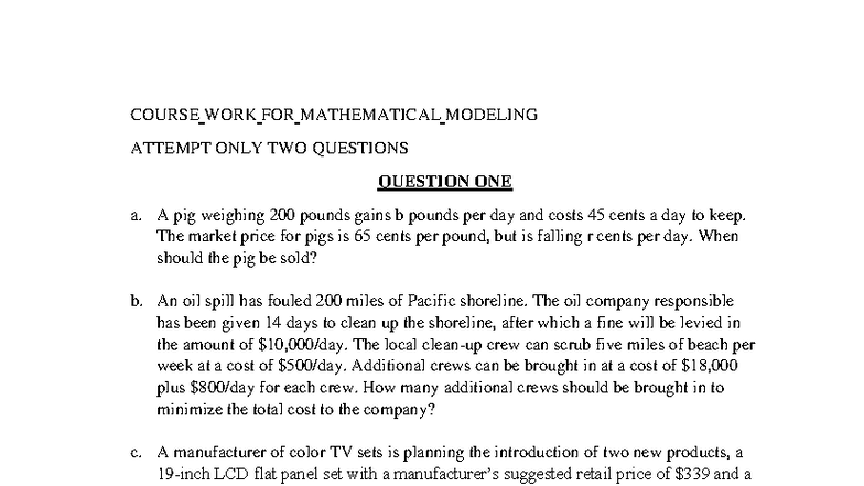 CW Mathematical Modeling: Analysis of Economic and Thermal Problems ...