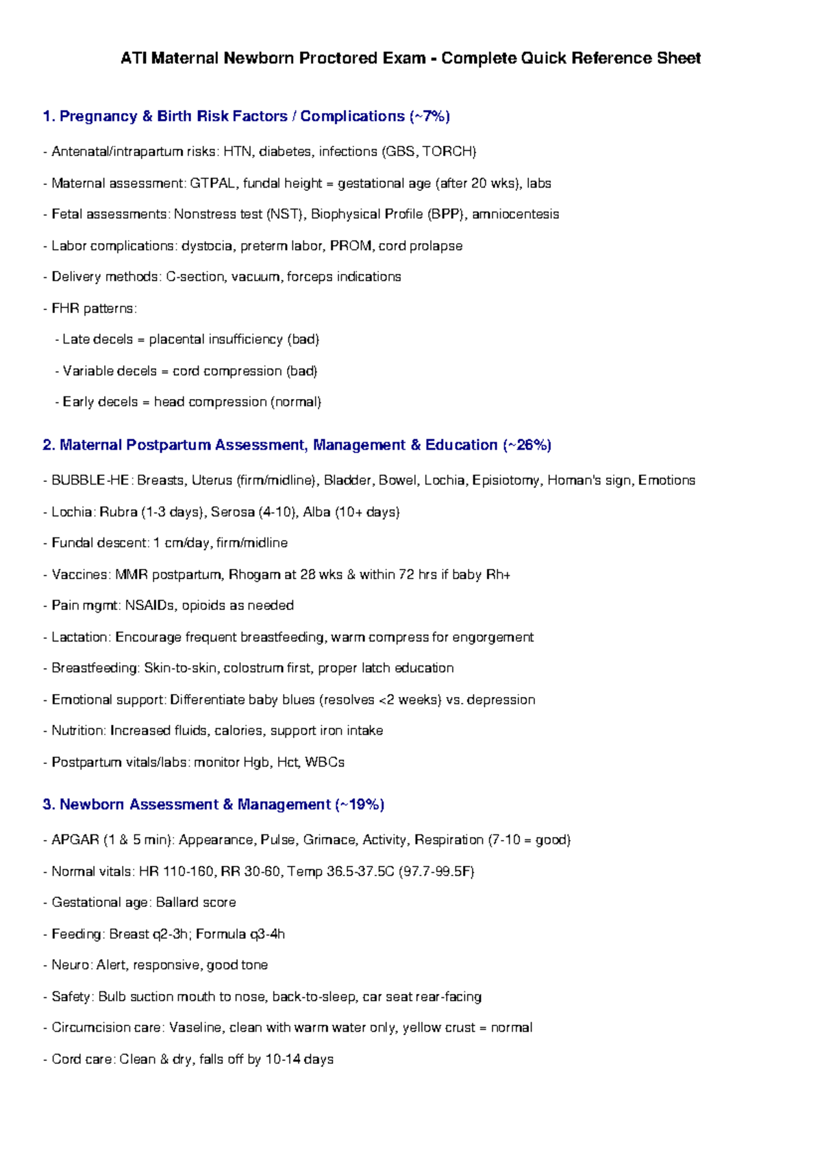 ATI Maternal Newborn Proctored Exam Quick Reference Guide - Studocu