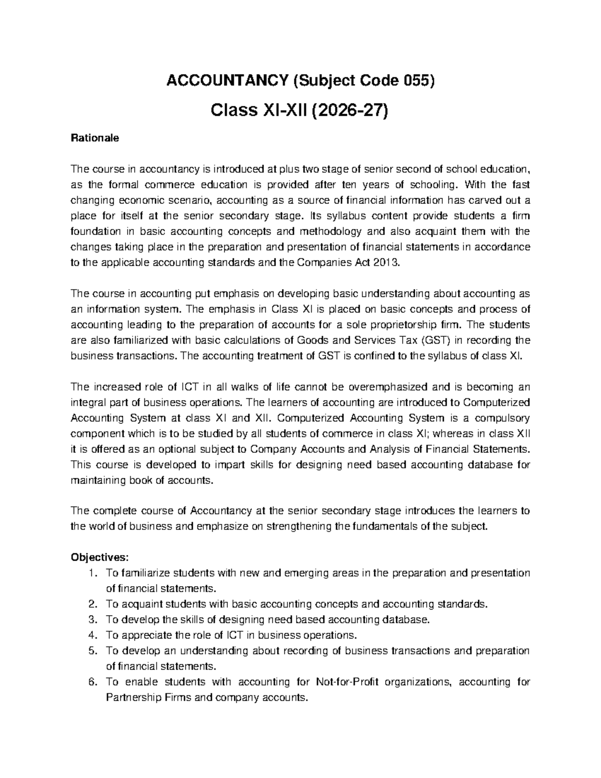 Accountancy (Subject Code 055) Class XI & XII Course Overview and ...