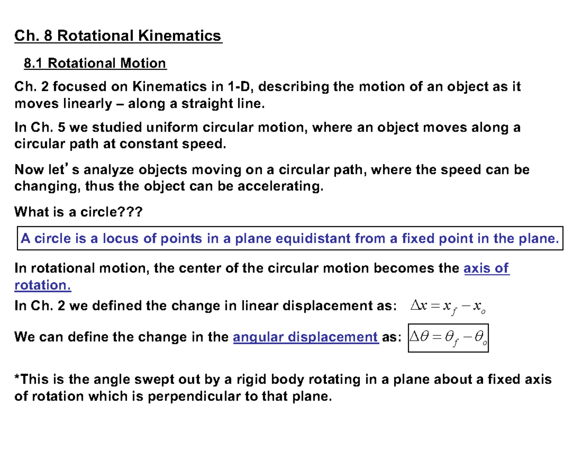 PHYS2001: Ch. 8 - Analysis of Rotational Kinematics and Motion - Studocu