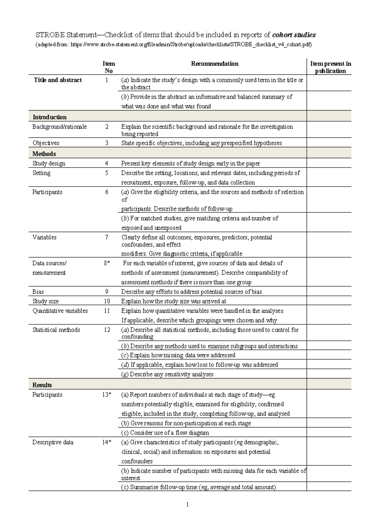 STROBE Checklist for Reporting Cohort Studies - Adapted Edition ...