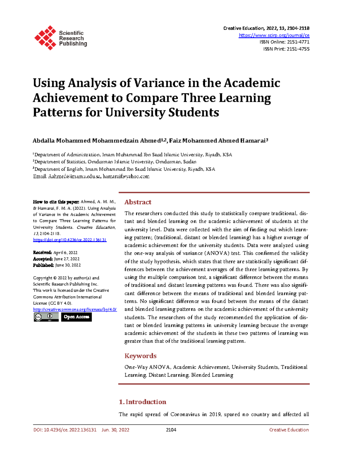 ANOVA Analysis of Academic Achievement in Learning Patterns for ...