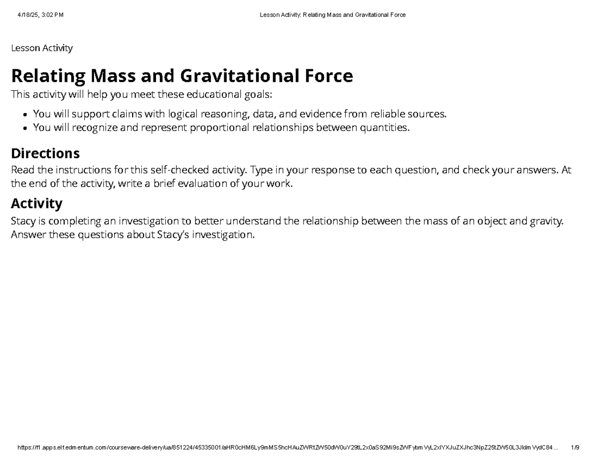 Gravity Lesson Activity - Relating Mass and Gravitational Force - Studocu