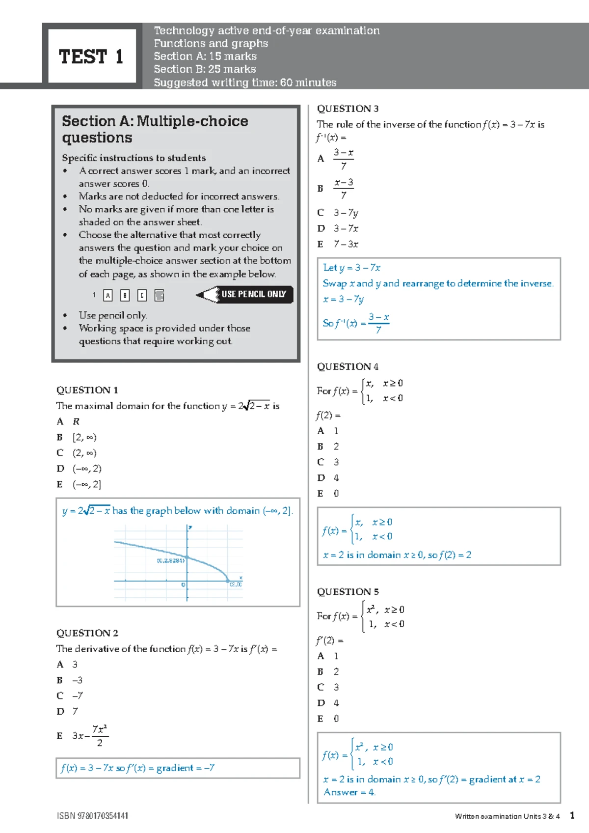 Mathematical Methods Exam 1 VCE Units 3 4 - Functions & Calculus Test ...