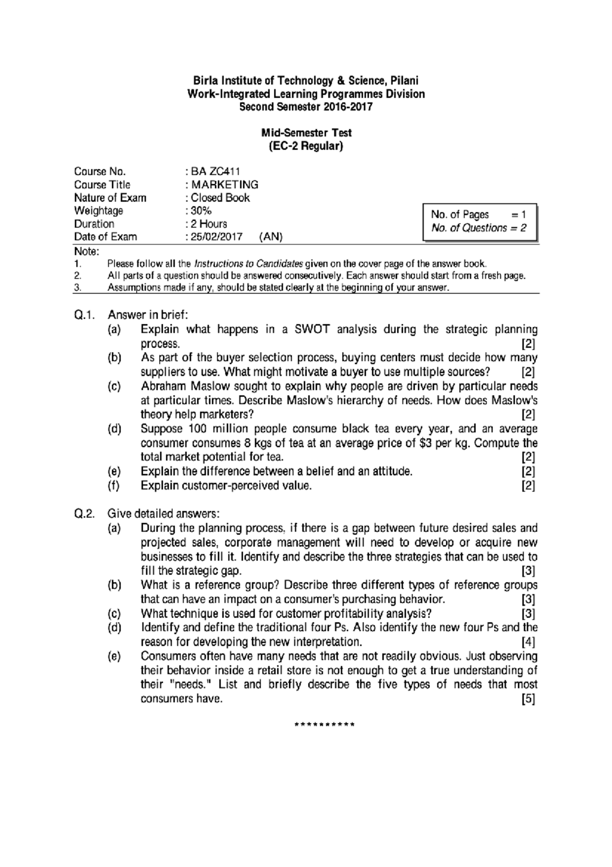 BA ZC411 Marketing Second Semester Test Question Bank - Studocu